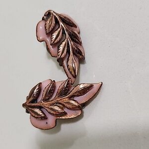 Vintage Matisse Earrings Signed Copper & Pink Enamel Leaf Clip On